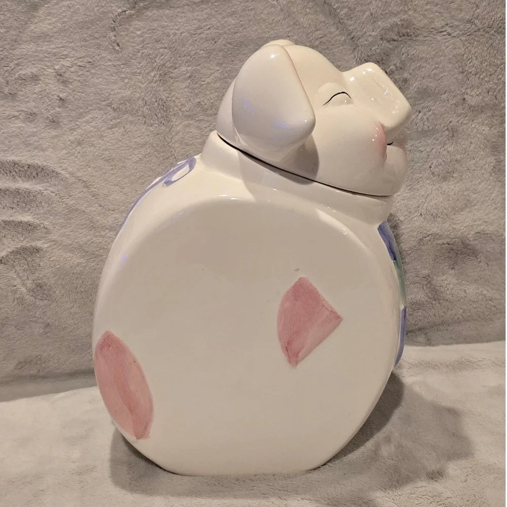 Vintage Ceramic Pig With a Bib Cookie Jar White Pink Smiling Piggy Jar 9.5